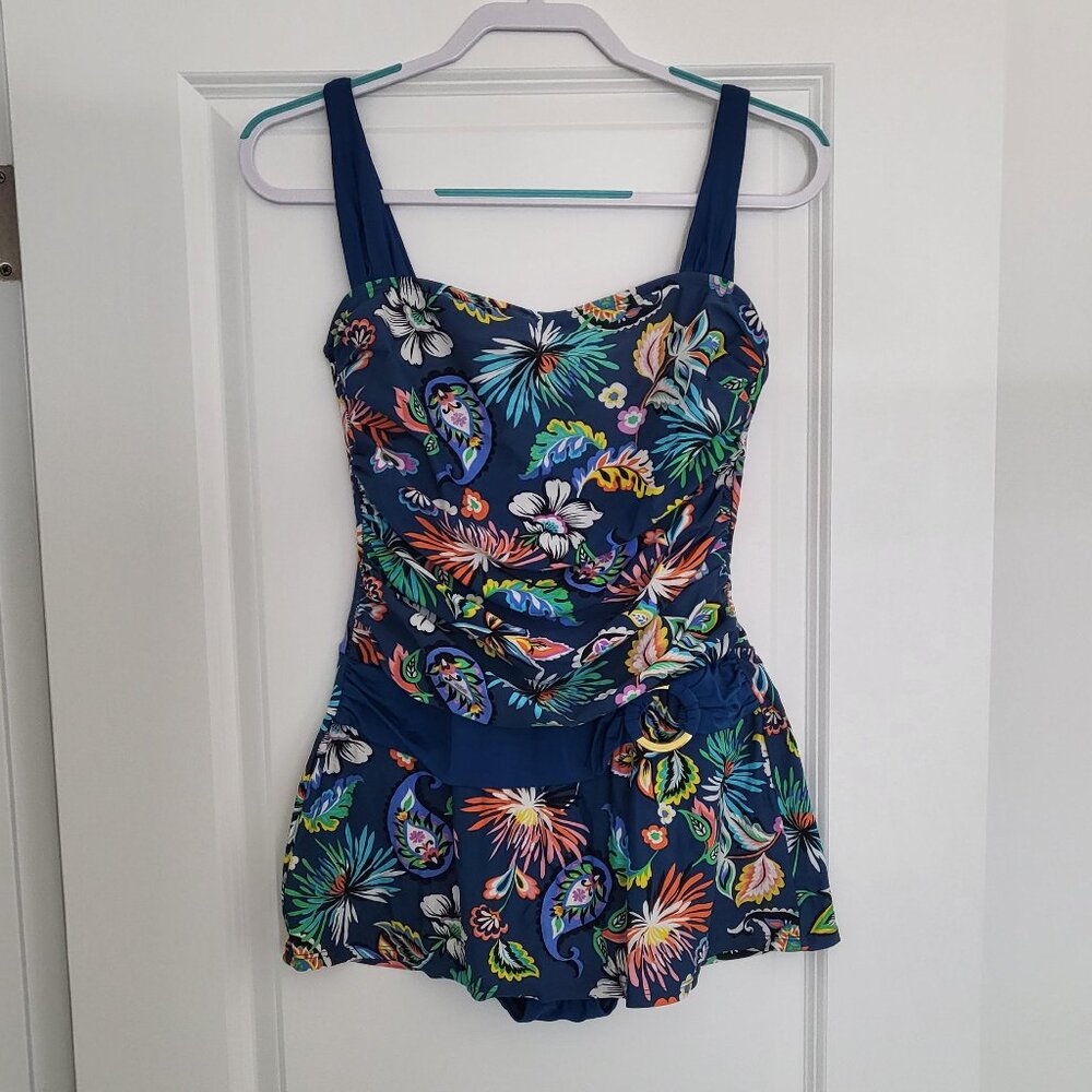 WOMEN'S INTO THE BLEU BLUE FLORAL PRINT SKIRTED ONE PIECE SWIMSUIT SIZE 10